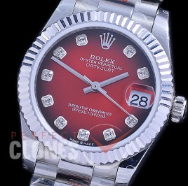 R31DJS-195 GMF 904 Steel Datejust Midsize 278289 SS/SS Fluted/President Red Ombre Diamonds Asian Clone 2824
