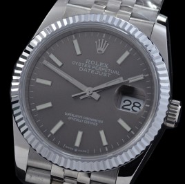 0 0 0 0 0 R36DJS-DD3235-103 QF Datejust 36 Men 126234 904 Steel SS/SS Fluted/Jubilee Dark Rhodium Grey Sticks DD 3235 - 72 Hours Power Reserve 