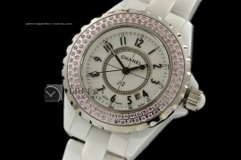 CHA10021 J12 White Ceramic Pink Diamonds Ladies Japanese Quartz