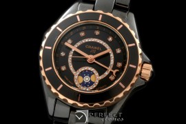 CHA00809 J12 Moonphase Cerarmic RG Black Jap Quartz