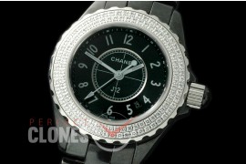 0 CHA-33B-102D J12 Ladies CER/CER/Diam Black Num Swiss Quartz 