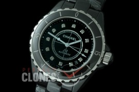 0 0 CHA-38-501B KOR-F New J12 H5705 CER/CER Black Diam A-2892 Mod to Chanel Calibre 