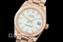 R31DJR-301 Datejust Midsize 278285 RG/RG Fluted/President White Sticks Asian Clone 2824