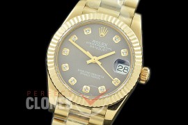R31DJF-313 Datejust Midsize 278288 YG/YG Fluted/President Dark Rhodium Diam Asian Clone 2824 