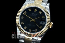 R31DJT-412 BP Datejust Midsize 278283 SS/YG Fluted/Oyster Black Diamonds Asian Clone 2824