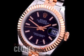 R28DJTR-402J BP Datejust 28mm Ladies 279171 SS/RG Fluted/Jubilee Black Sticks Eta 2671
