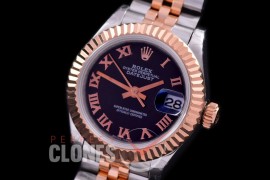 R28DJTR-422J BP Datejust 28mm Ladies 279171 SS/RG Fluted/Jubilee Black Roman Eta 2671