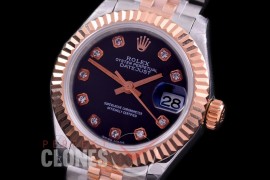R28DJTR-412J BP Datejust 28mm Ladies 279171 SS/RG Fluted/Jubilee Black Diamonds Eta 2671