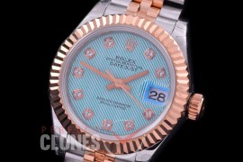 R28DJTR-418J BP Datejust 28mm Ladies 279171 SS/RG Fluted/Jubilee Light Blue Tuxedo Diamonds Eta 2671