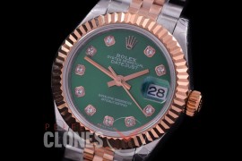 R28DJTR-416J BP Datejust 28mm Ladies 279171 SS/RG Fluted/Jubilee Green Diamonds Eta 2671