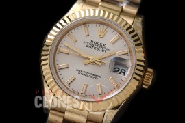 R28DJF-611 279178 Datejust Ladies 28mm Fluted/President YG/YG Silver Sticks ETA 2671