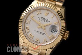 R28DJF-621 279178 Datejust Ladies 28mm Fluted/President YG/YG Silver Roman ETA 2671