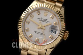 R28DJF-601 279178 Datejust Ladies 28mm Fluted/President YG/YG Silver Diam ETA 2671