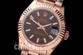 R28DJR-616 279175 Datejust Ladies 28mm Fluted/President RG/RG Brown Sticks ETA 2671