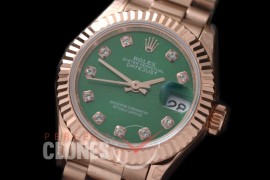 R28DJR-604 279175 Datejust Ladies 28mm Fluted/President RG/RG Green Diamond ETA 2671
