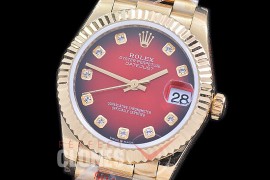 R31DJF-195 GMF 904 Steel Datejust Midsize 278288 YG/YG Fluted/President Red Ombre Diamonds Asian Clone 2824