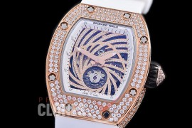 0 0 0 0 0 RM051-061D HHWF RM051 Tourbillon Diamond Twister RG/RU Skeletonized Asian Custom Calibre White Rubber Strap 