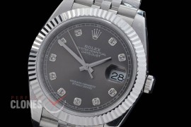 R41DJS-DD3235FS-013J QF 126334 SS/SS Fluted/Jubilee Dark Rhodium Grey Diamonds DD 3235 Free Sprung 904L Steel / Extra Weighted Casework - 72 Hours Reserve 