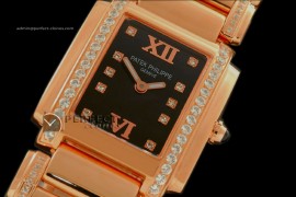 PP01039 Ladies 24 Hours Double/Band Diamonds RG Black Swiss Qtz