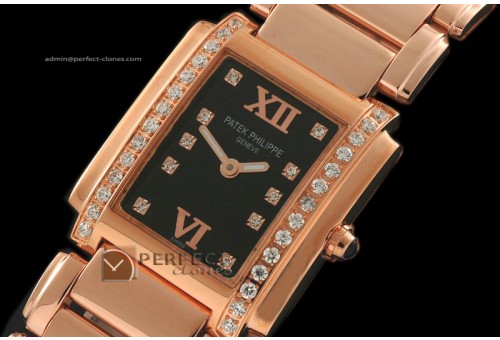 PP01025 Ladies 24 Hours Single Diamonds RG Black Swiss Quartz