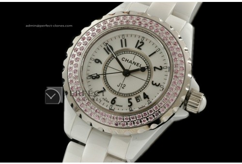 CHA10021 J12 White Ceramic Pink Diamonds Ladies Japanese Quartz