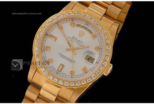 RLDDF10036 Full Gold Wht Dial Diamond Markers Diam Bez Eta 2836