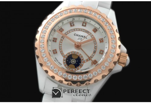 CHA00808D J12 Moonphase Cerarmic RG White Jap Quartz