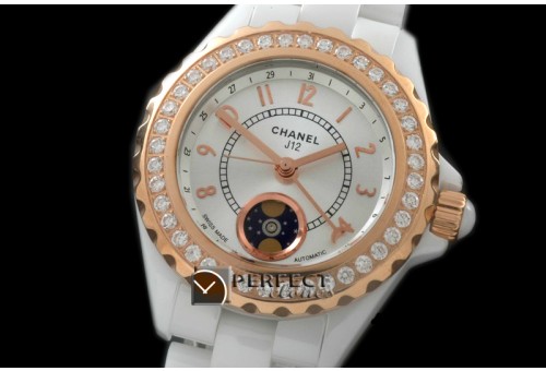 CHA00806D J12 Moonphase Cerarmic RG White Jap Quartz
