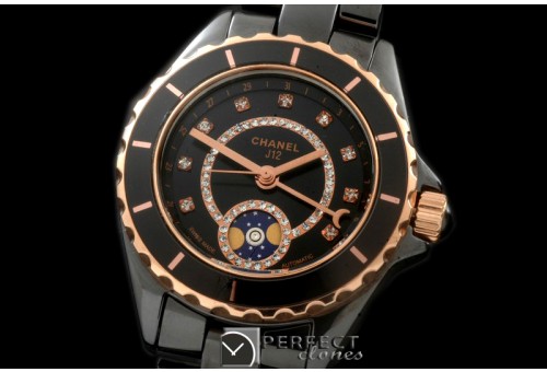 CHA00809 J12 Moonphase Cerarmic RG Black Jap Quartz