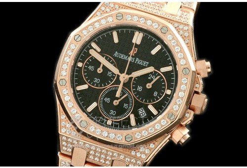 APROL08012 Royal Oak Ladies Chrono RG/Diam/RG Black Jap OS20