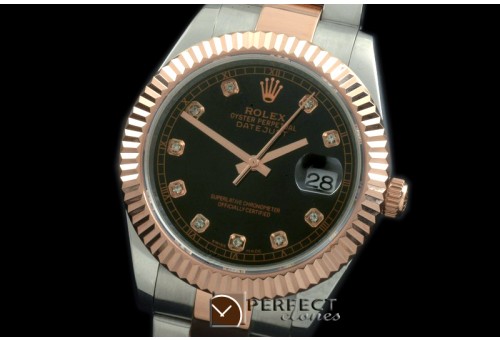 R41DJTR00143 SS/RG Oyster Fluted Black Diam Asian Eta 2836-2