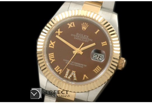 R41DJT00144 SS/YG Oyster Fluted Brown Roman Asian Eta 2836-2 2