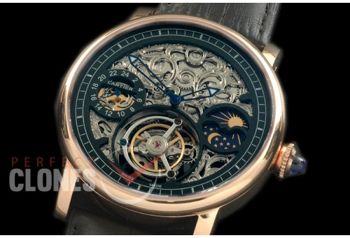 CARTDE-084 Rotonde De Cartier Skeleton Tourbillon RG/LE Black Flying Tourbillon