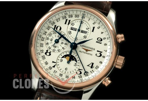 LG00091 Longines Master Calender Chronograph SS/RG/LE White Num Asian 7751