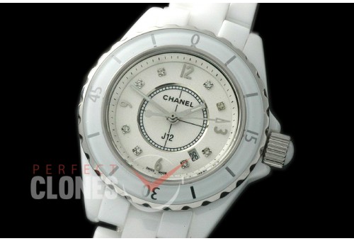 0 CHA-33W-109 J12 Ladies CER/CER White/Silver Num/Diam Swiss Quartz