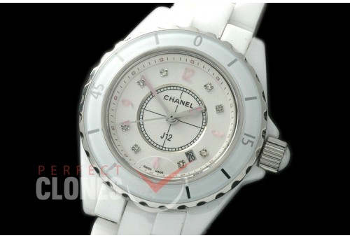 0 CHA-33W-107 J12 Ladies CER/CER White/Pink Num/Diam Swiss Quartz