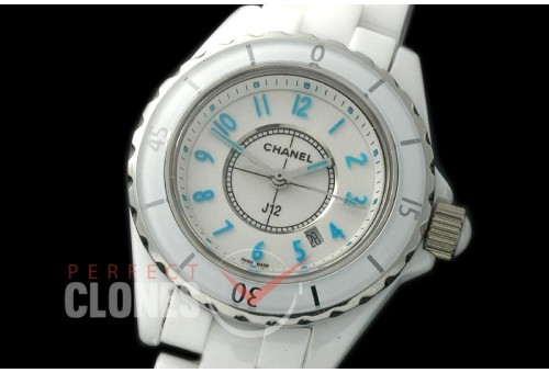 0 CHA-33W-101 J12 Ladies CER/CER White/Blue Num Swiss Quartz