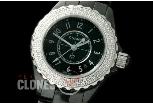 0 CHA-33B-102D J12 Ladies CER/CER/Diam Black Num Swiss Quartz 