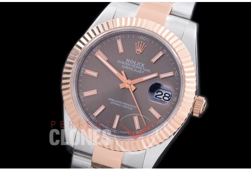 R41DJTR-703 116331 SS/RG Fluted/Oyster Dark Rhodium Grey Sticks SA 3136