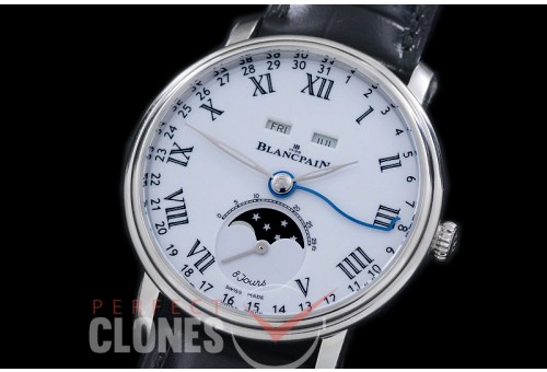 0 0 0 BP-VL-023 Villeret Calender Moonphase SS/LE White Roman Miyota 9100 Mod to Calibre 6654