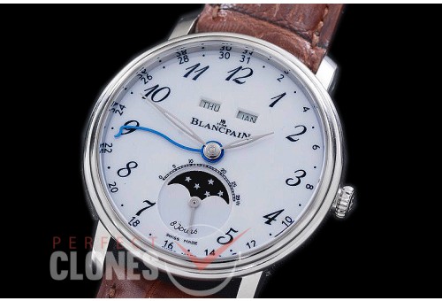 0 0 0 BP-VL-024 Villeret Calender Moonphase SS/LE White Arabic Miyota 9100 Mod to Calibre 6654