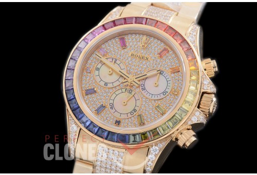 RLDUB00007 Daytona Everose Rainbow 116598 RBOW YG/YG Champagne Gold Diamond Crested Dial A7750