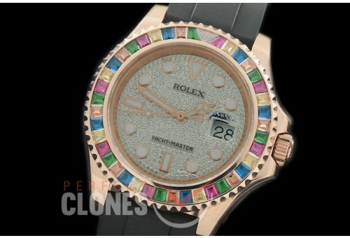 RYMENR00027 KSF 116695SATS Yachtmaster Everose/Gem Set Rainbow Bezel Men RG/RU Full Diamond Crested Dial A-2836