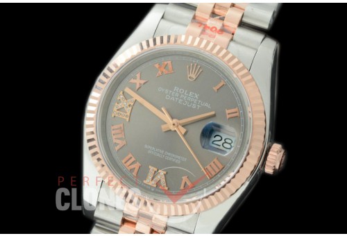 R36DJTR-333 GMF 126231 SS/RG Fluted/Jubilee Dark Rhodium Grey Roman SA 3135 904L Steel 