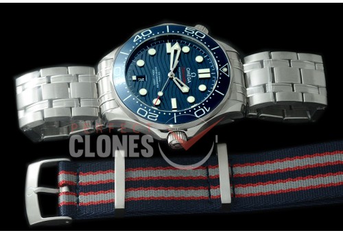 0 OM300M-003S 2018 Basel Seamaster Diver 300M SS/SS Blue Asian Clone 8800 Free Nato Strap