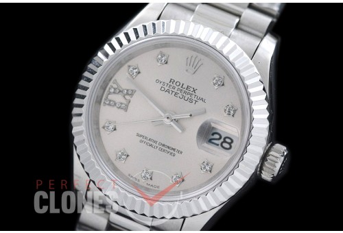 R28DJS-706 279166 Datejust Ladies 28mm SS/SS Fluted/President Silver Diam ETA 2671