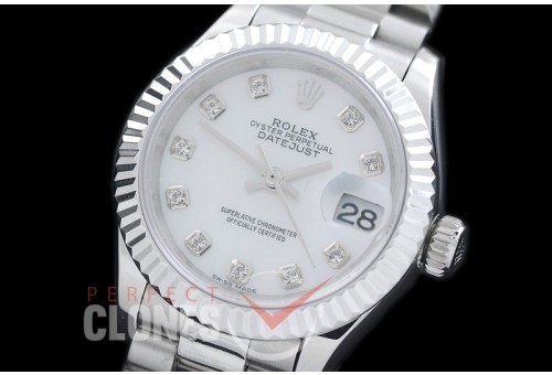 R28DJS-702 279166 Datejust Ladies 28mm SS/SS Fluted/President Pearl White Diam ETA 2671
