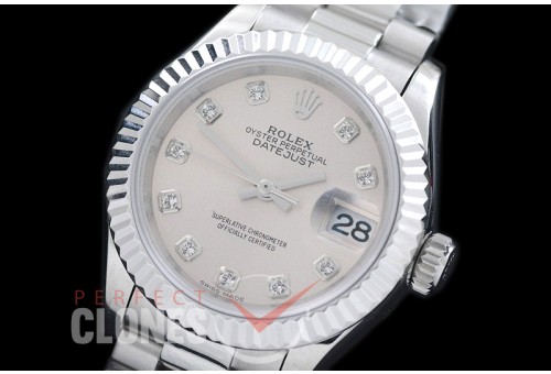 R28DJS-701 279166 Datejust Ladies 28mm SS/SS Fluted/President Silver Diam ETA 2671