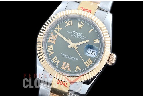 R36DJT-329 GMF 126233 SS/YG Fluted/Oyster Olive Green Roman-Diamonds A-2824 904L Steel
