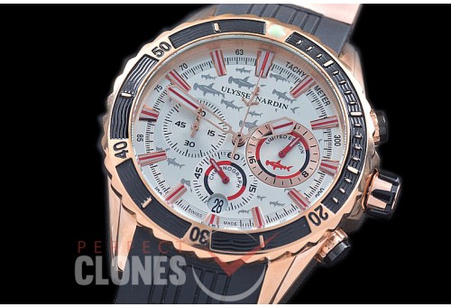 UNMMDC-111 Maxi Marine Diver Chronograph RG/RU White Hammerhead Shark Sticks